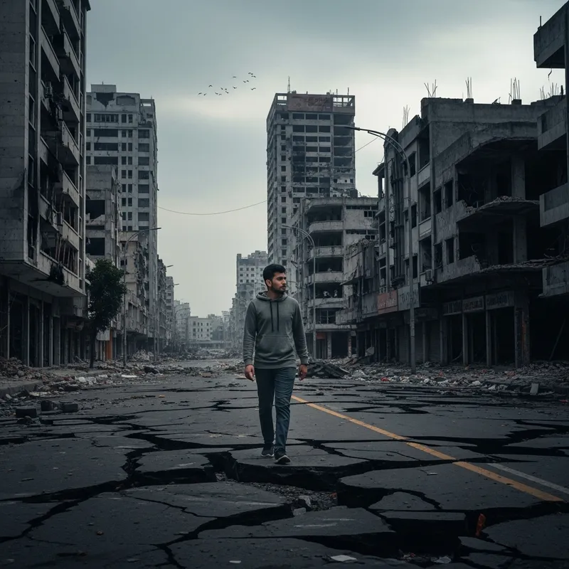 Resilient South Asian Man Walking Through Abandoned Post-War City