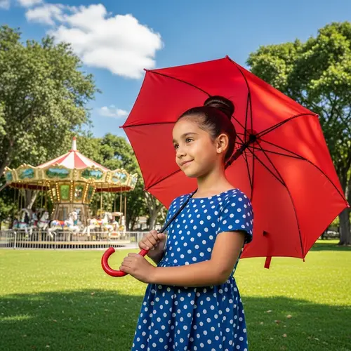 Young Hispanic Girl with Red Umbrella in Lush Park