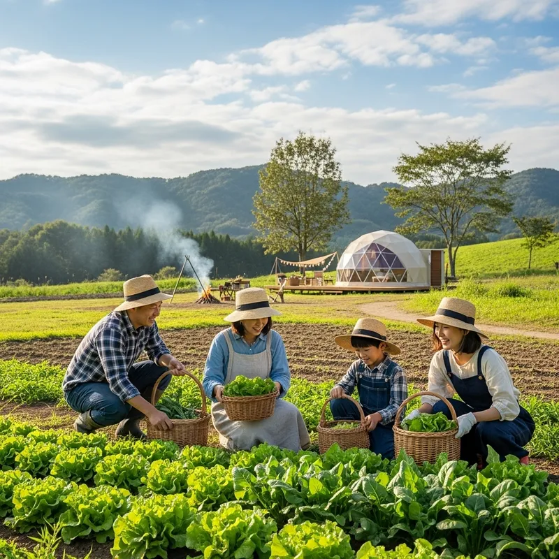 Japanese Family Harvesting Vegetables in Field with Campsite Backdrop