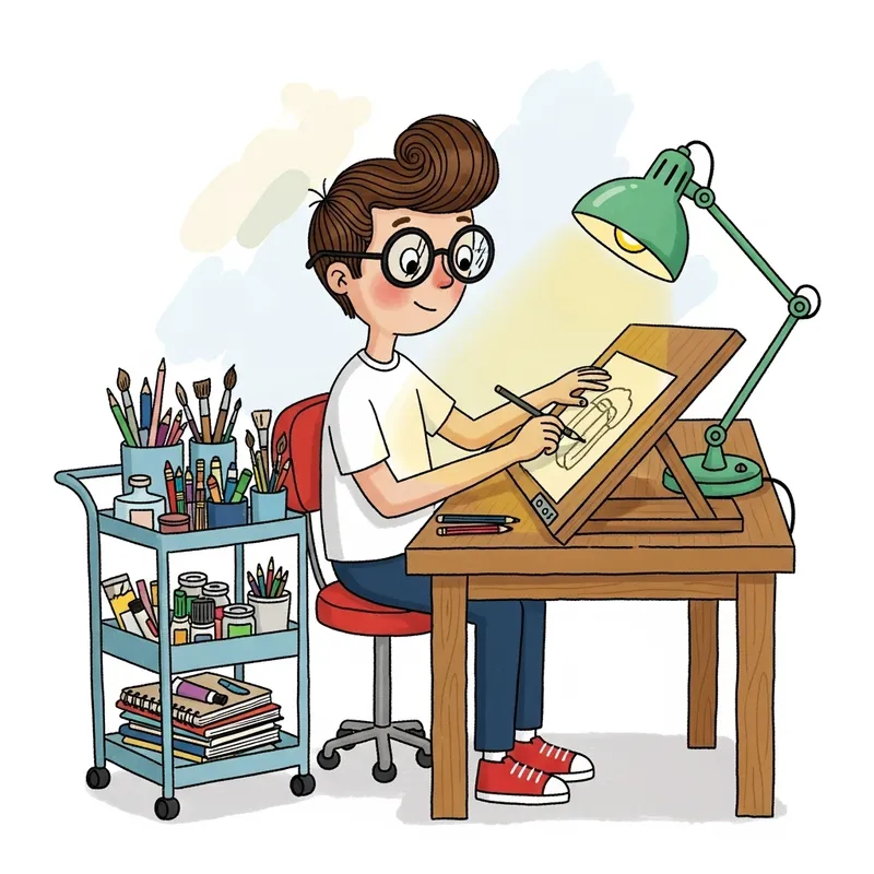 Childlike Style Illustrator Drawing at Desk with Vintage Vibe and Art Supplies