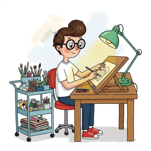 Childlike Style Artist at Drawing Table Sketching in 1950s Look