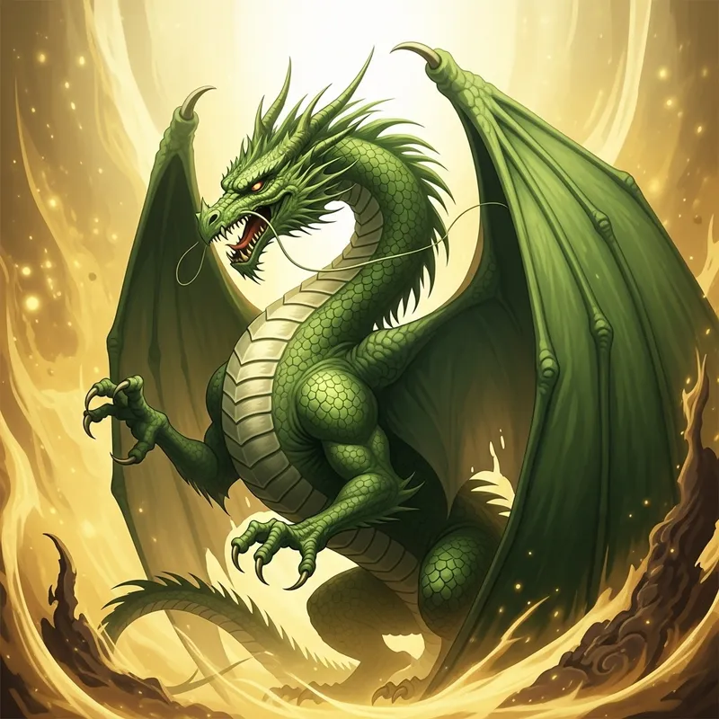 Minimalist Green Dragon on Golden-White Background - Oriental Style