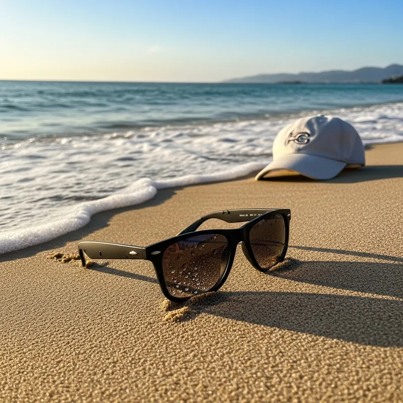 Men's Sunglasses on Beach with Cap Near the Sea