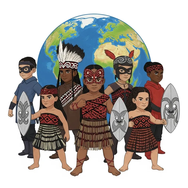 Young Children in Vibrant Maori Costumes Save Earth | Colorful Superhero Illustration