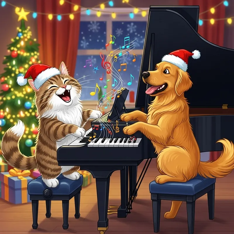 Happy Norwegian Cat and Golden Retriever in Christmas Hats Playing Piano Happy Norwegian Cat and Golden Retriever in Christmas Hats Playing Piano