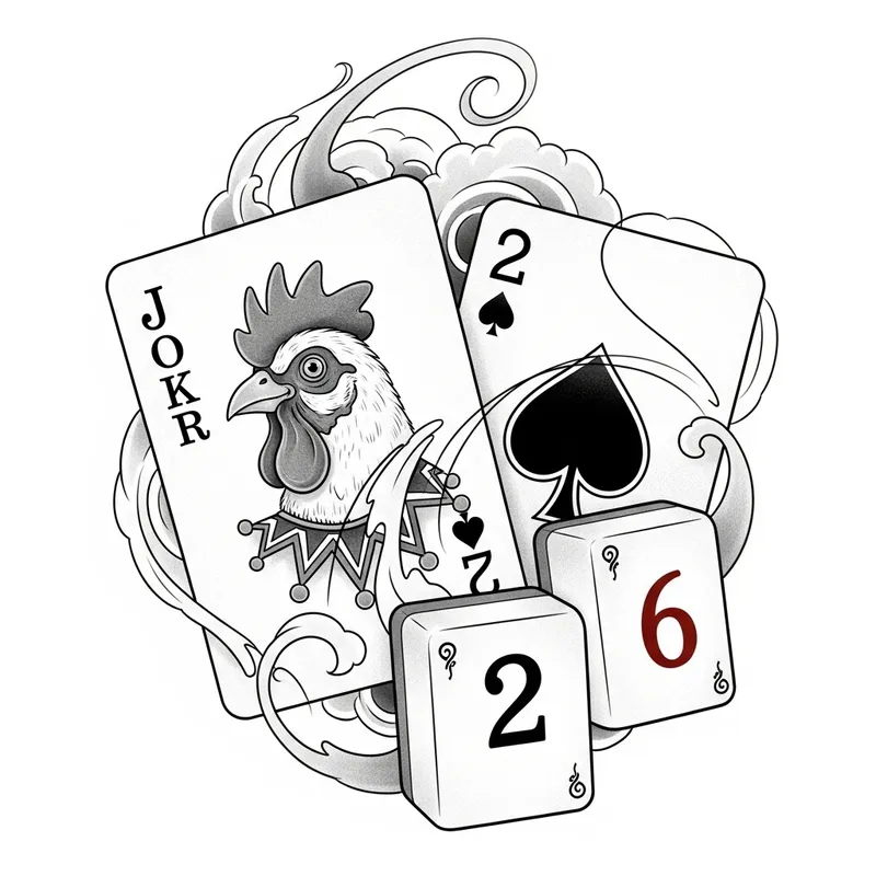 Intricate Tattoo Design with Chicken Joker and Mahjong Tiles 2 & 6