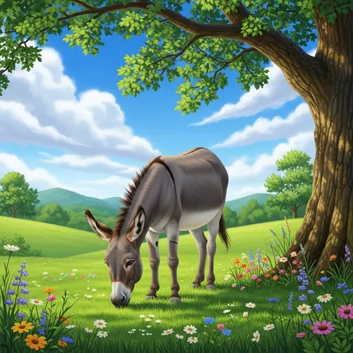 Serene Countryside Scene with Donkey Grazing | Tranquil Pastoral Picture