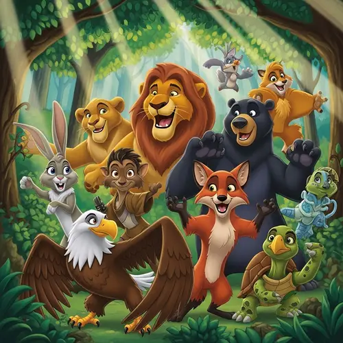 Whimsical Pixar-Inspired Poster with Colorful Anthropomorphic Animals in Vibrant Forest
