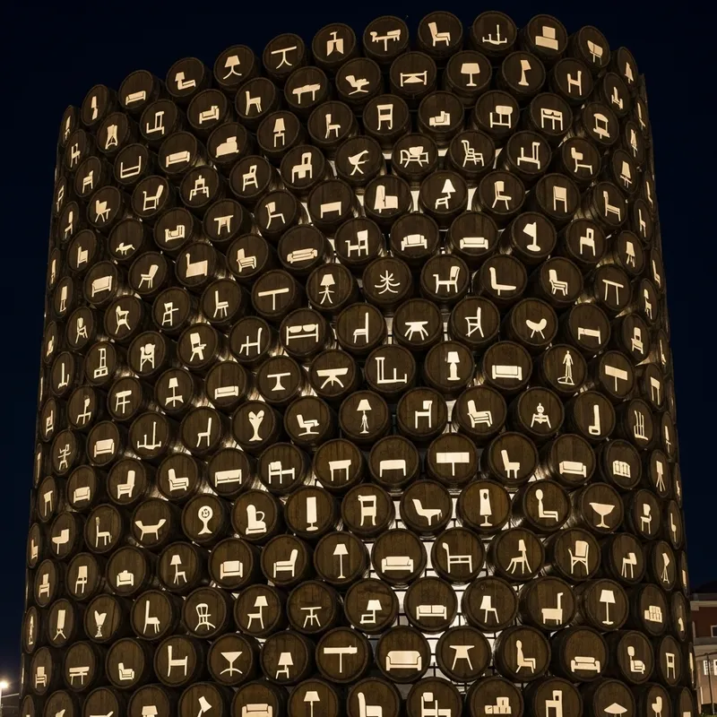 Barrel Lid Facade: Modern Furniture Shapes with Illuminating Light Gaps