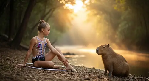 Professional Rhythmic Gymnast Girl by River at Sunrise