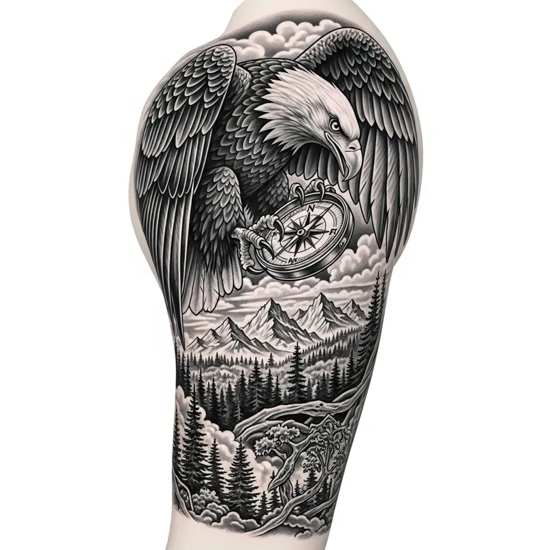 Detailed Eagle & Compass Tattoo in Realistic Monochrome Style