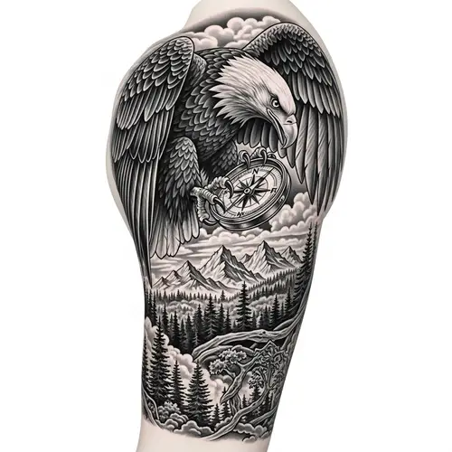 Realistic Monochrome Eagle & Compass Tattoo Design