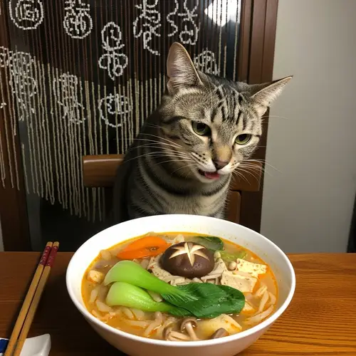 Cat Enjoying Malatang Soup at Wooden Table