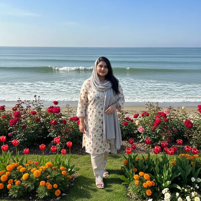 Curvy South Asian Woman in Blooming Garden by the Sea