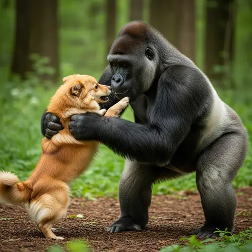 Dog vs Gorilla Showdown in Lush Forest - Playful Competition