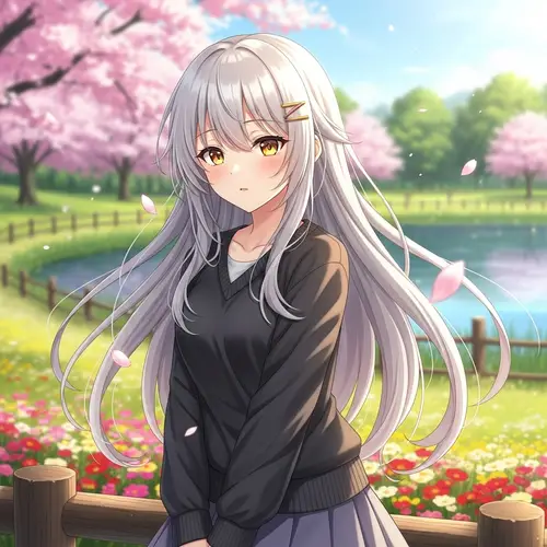 Anime Girl with White Hair and Golden Eyes | Serene Park Scene
