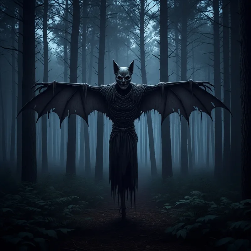 Nightmare Scarecrow Monster: Bat-Like Vigilante in Dark Woods Nightmare Scarecrow Monster: Bat-Like Vigilante in Dark Woods