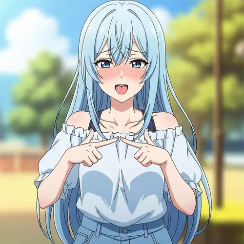 Anime Girl with Light Blue Hair in Playful Pose