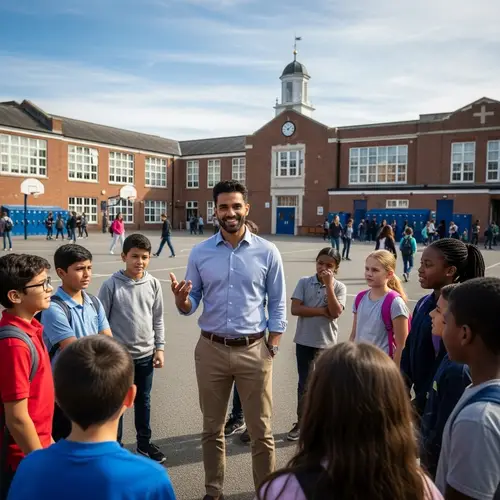 Charismatic Leader Inspiring Students in Schoolyard