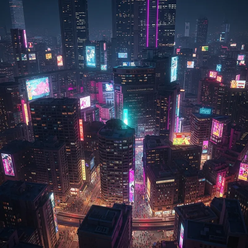 Futuristic Cyberpunk Cityscape | Neon Lights Skyscrapers Dystopia