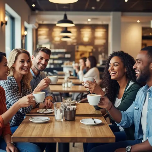 Cheerful Café Scene with Multicultural Friends Smiling