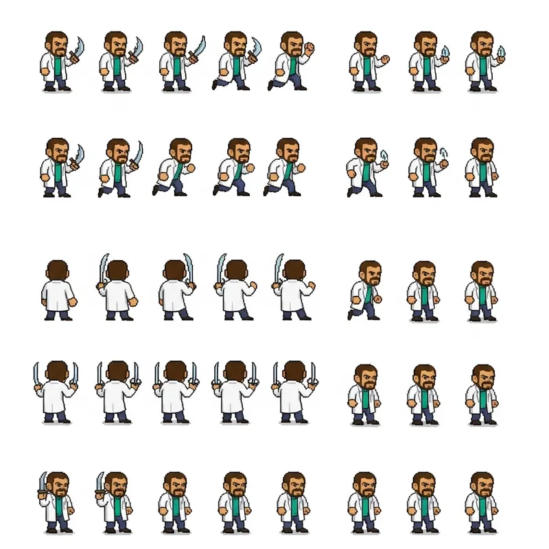 Pixel Art Sprite Sheet of Middle-Eastern Scientist