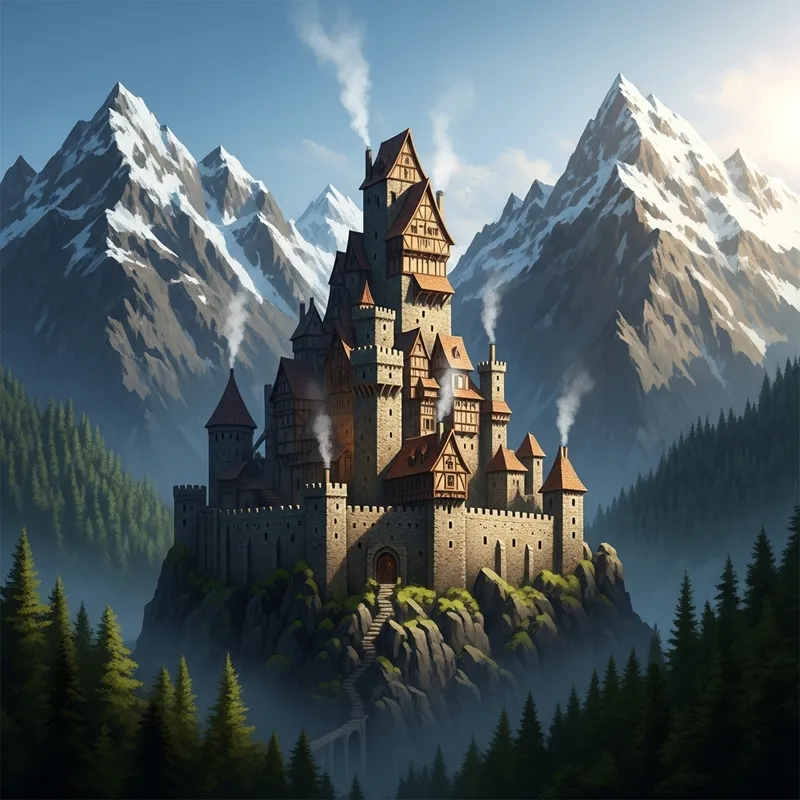 Fantasy Castle and Wood in Majestic Mountains
