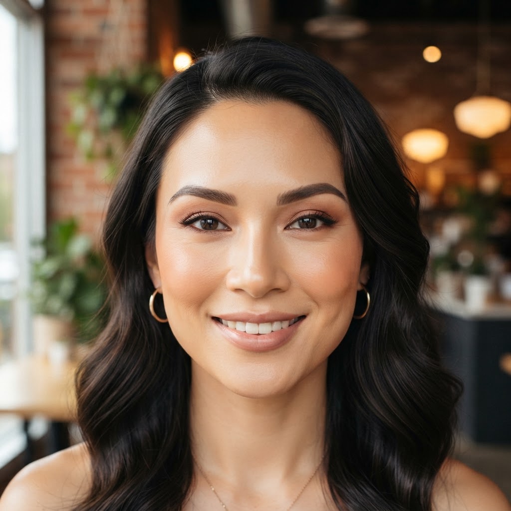 AI added natural glam makeup to a portrait photo using Easy-Peasy.AI