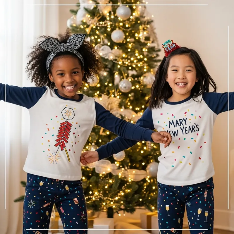 Joyful Sisters Dancing in New Year's Pajamas by Christmas Tree