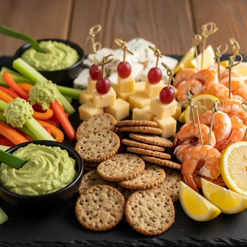 Appetising Starter Spread with Colorful Crudites, Cheese Cubes, and Cocktail Shrimp