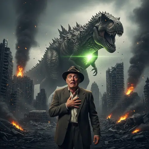 Terrified Oppenheimer Faces Godzilla in Apocalyptic City