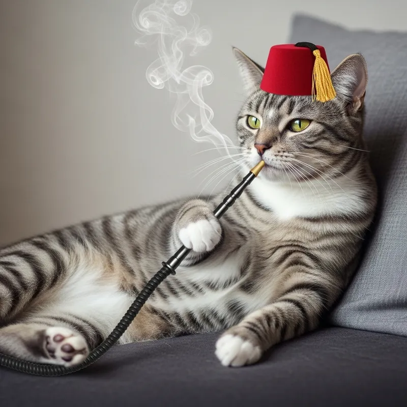 Stylish Cat Wearing Fez and Smoking Hookah