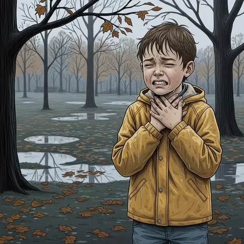 Child Sore Throat Illustration - Uncomfortable Boy in Park