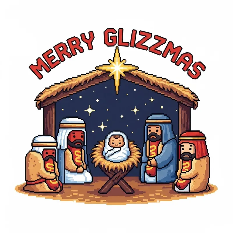 Delightful Hotdog Nativity Scene: Merry Glizzmas Pixel Art