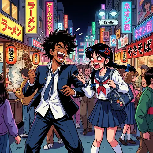 90s Style Anime Scene: Hispanic Male & Asian Female in Tokyo