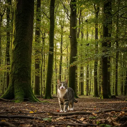 Striped Grey and White Cat in Woods | Serene Nature Scene