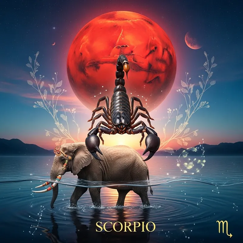 Scorpio Astrological Symbol, Mars Planet & Majestic Elephant in Tranquil Water