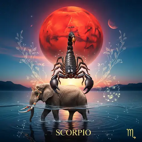 Scorpio Symbol, Mars Planet & Elephant in Tranquil Water