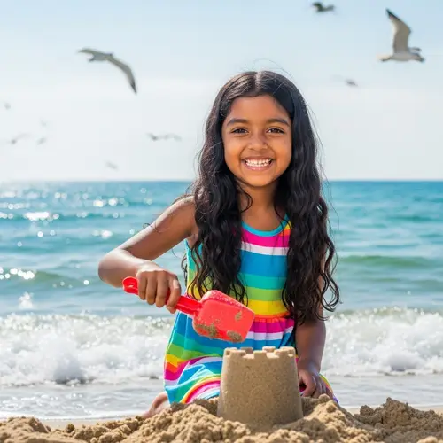 Summer Beach Day: Happy South Asian Girl Building Sandcastle