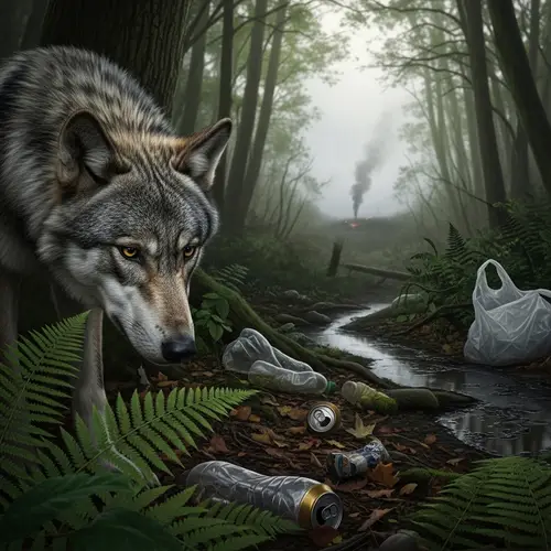 Young Wolf Observing Pollution in the Forest