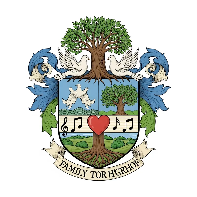 Family Crest: Music, Love, Dove & Tree Design