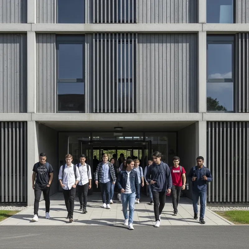 Modern School Entrance with Diverse Students | Architectural Design