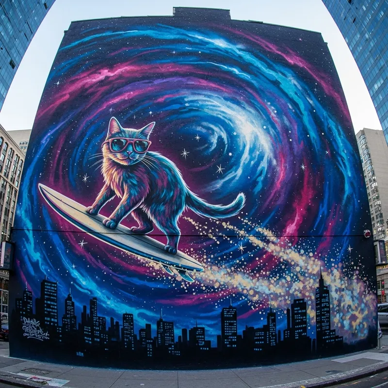 Cat Surfing Through Space - Vibrant Urban Art Cat Surfing Through Space - Vibrant Urban Art