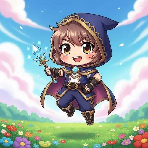 Cute Chibi-Style Character with Crystal Wand in Colorful Outfit