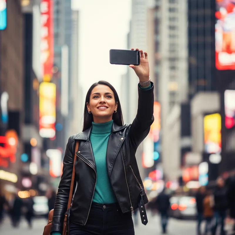 Hispanic Woman in Modern Chic Outfit Documenting Urban Vibrancy
