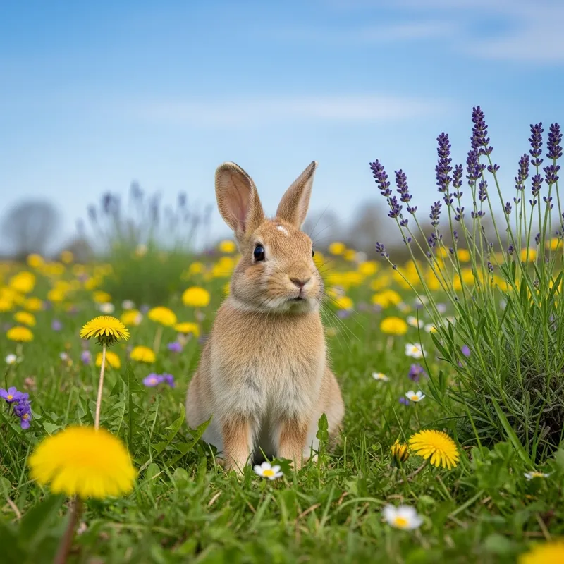 Conejo in Colorful Meadow | Serene Spring Day Scene