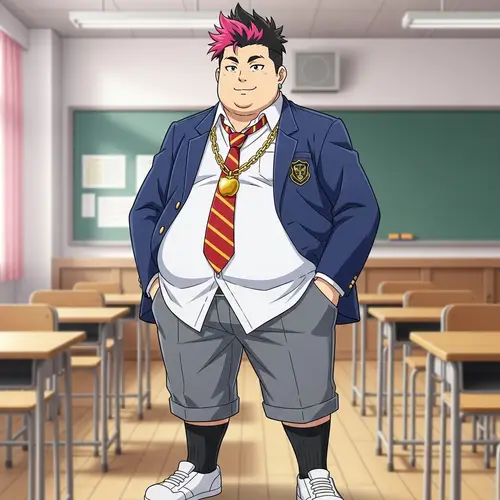 Overweight Anime-Style Character in Student Attire with Black & Pink Hair