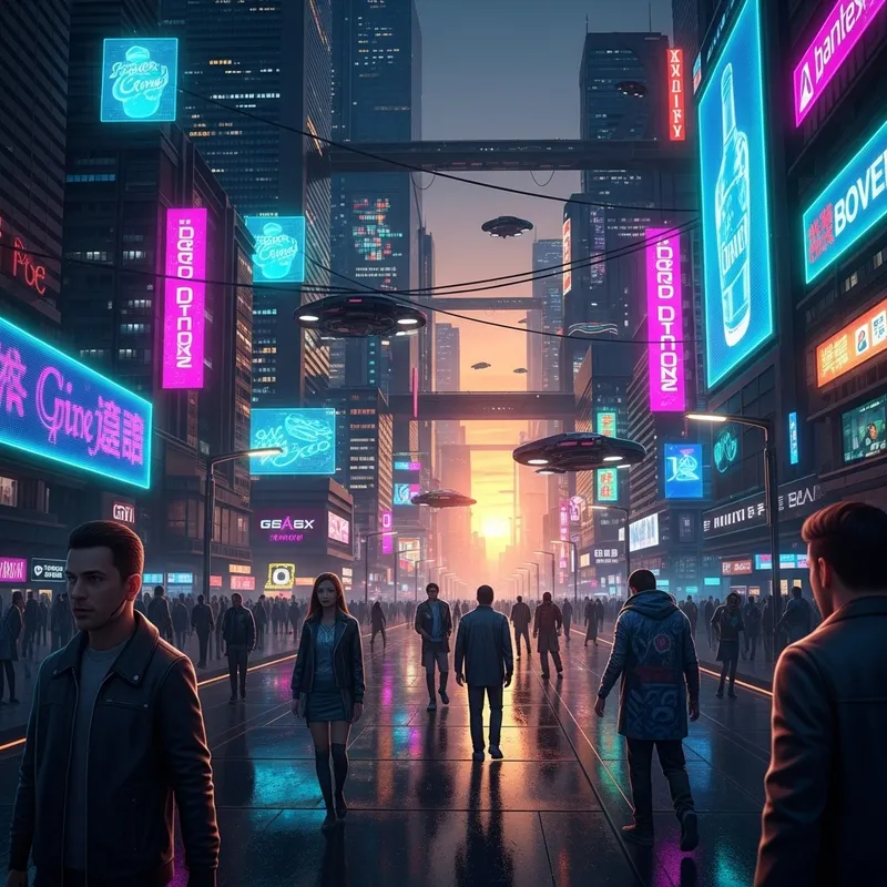 Futuristic Neon Cyberpunk Cityscape at Sunset | Dramatic Lighting & Vibrant Crowds