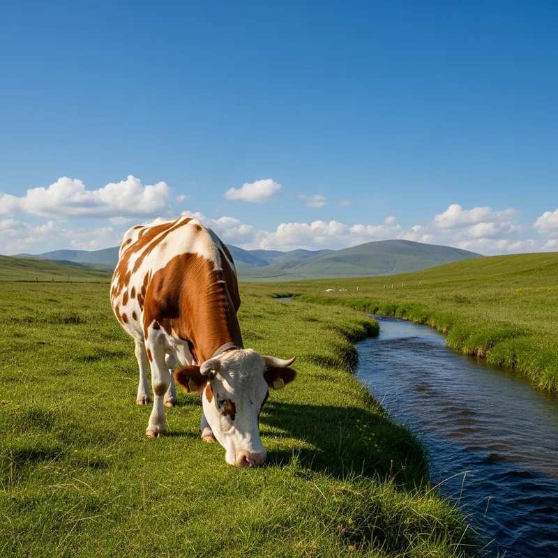 Peaceful Cow Grazing by a Serene Stream Peaceful Cow Grazing by a Serene Stream
