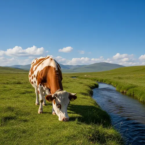 Tranquil Countryside Scene with Grazing Cow and Gentle Stream